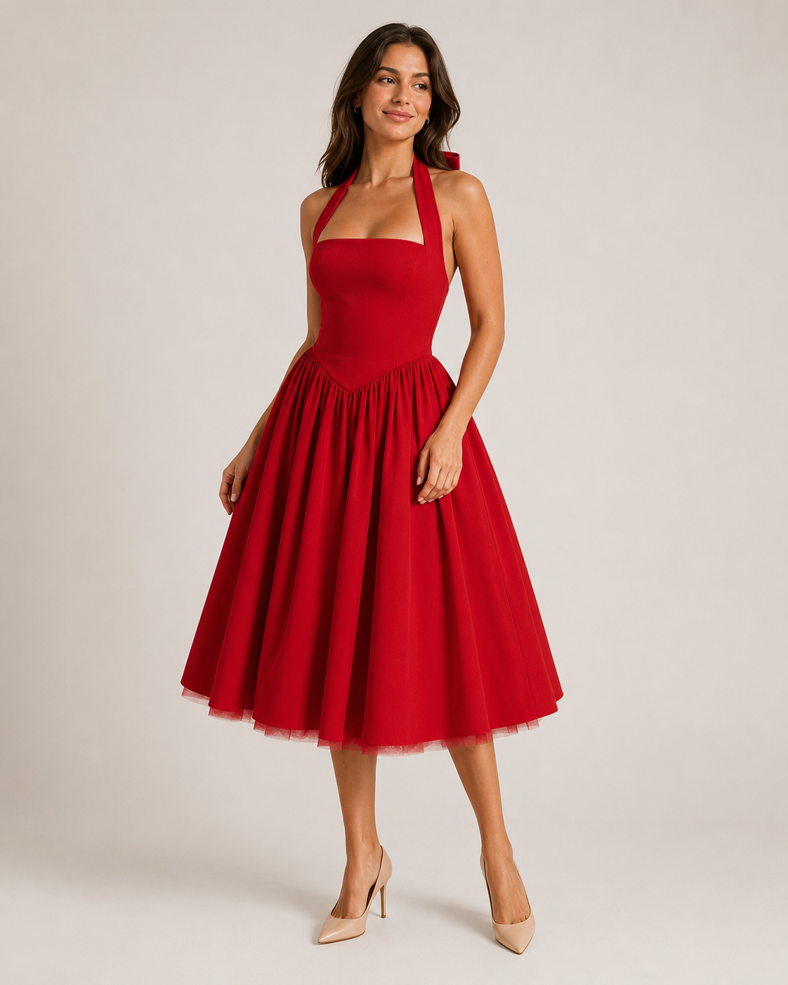 Mila - Halter Midi-jurk met Uitlopende Rok