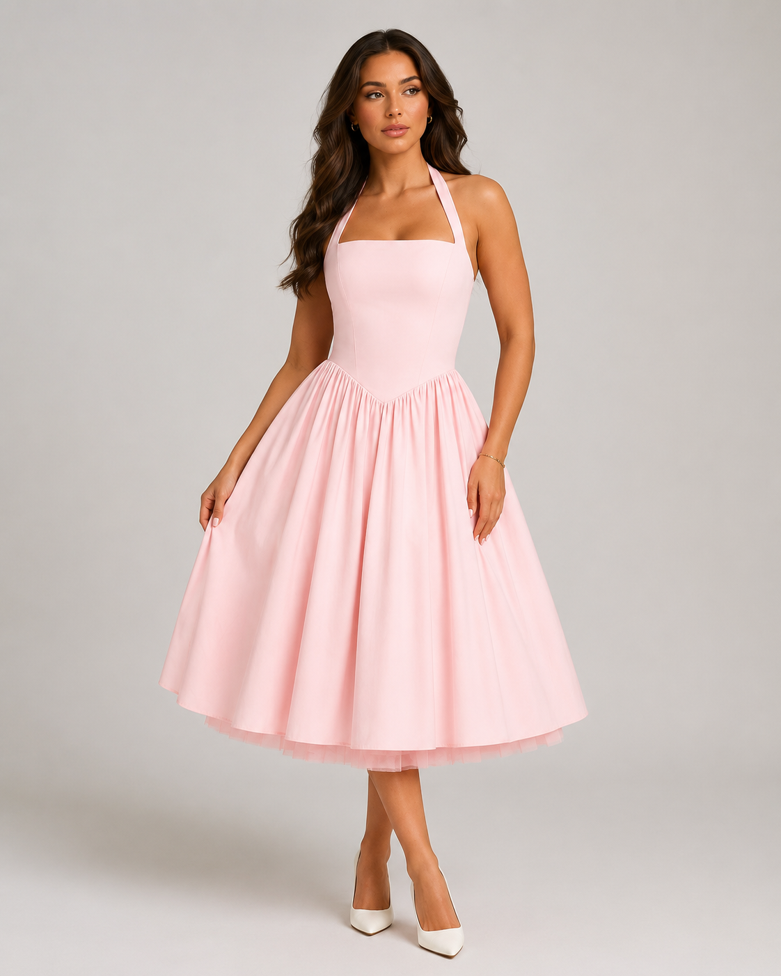 Mila - Halter Midi-jurk met Uitlopende Rok