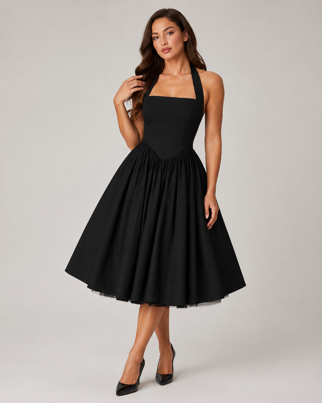Mila - Halter Midi-jurk met Uitlopende Rok