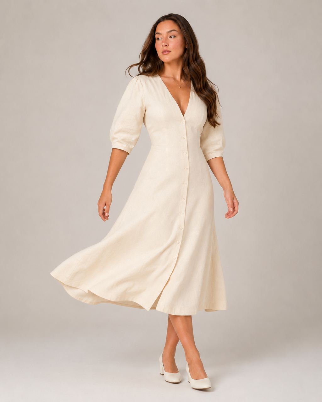 Merel - Midi-jurk Met Knopen En V-hals