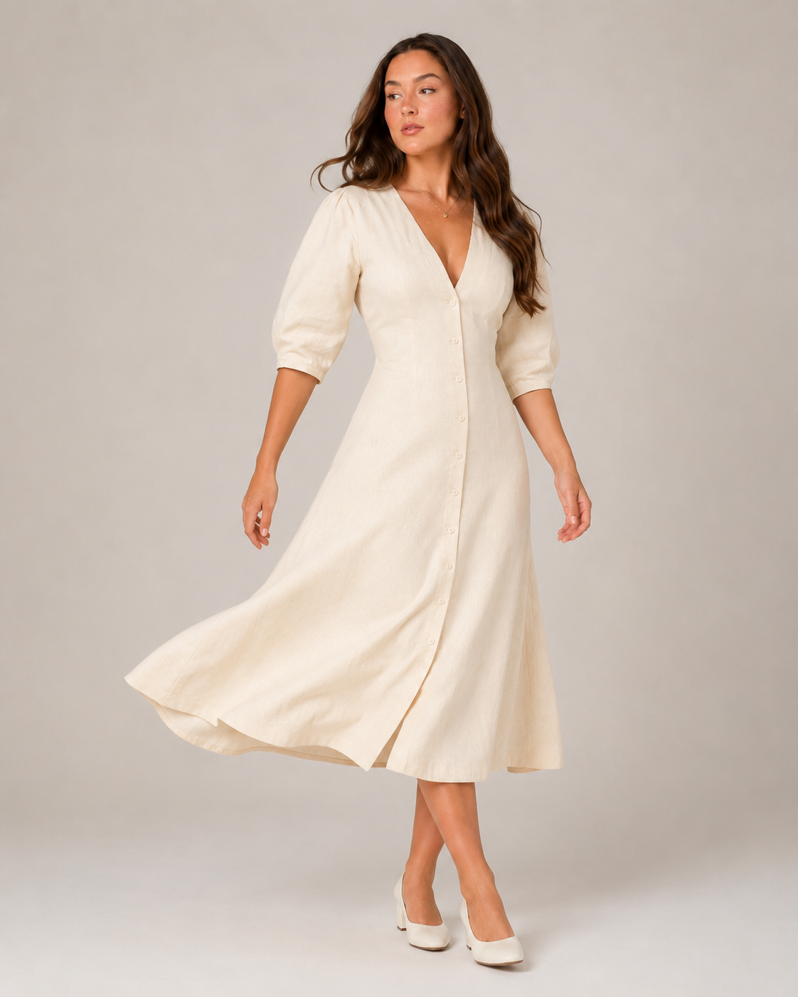 Merel - Midi-jurk Met Knopen En V-hals