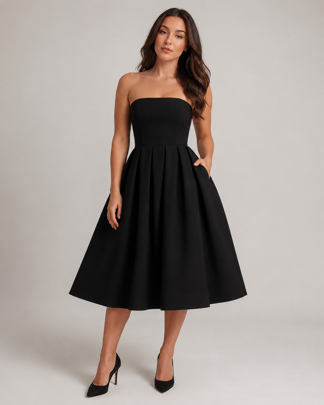 Madelief - Strapless Midi-jurk met Uitlopende Rok
