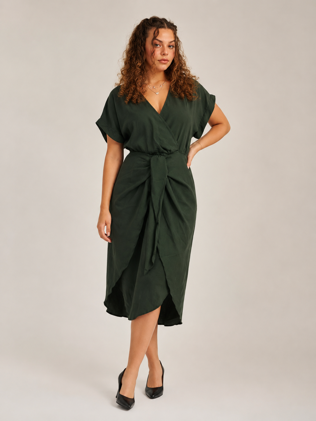 Margot - Donkergroene Midi-jurk Met Overslag En Ceintuur