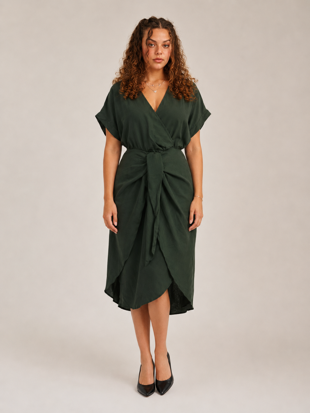Margot - Donkergroene Midi-jurk Met Overslag En Ceintuur