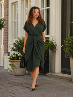 Margot - Donkergroene Midi-jurk Met Overslag En Ceintuur