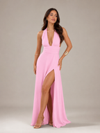 Mathilde - Zachtroze Halter Maxi-jurk Met Diepe V-hals En Hoge Split