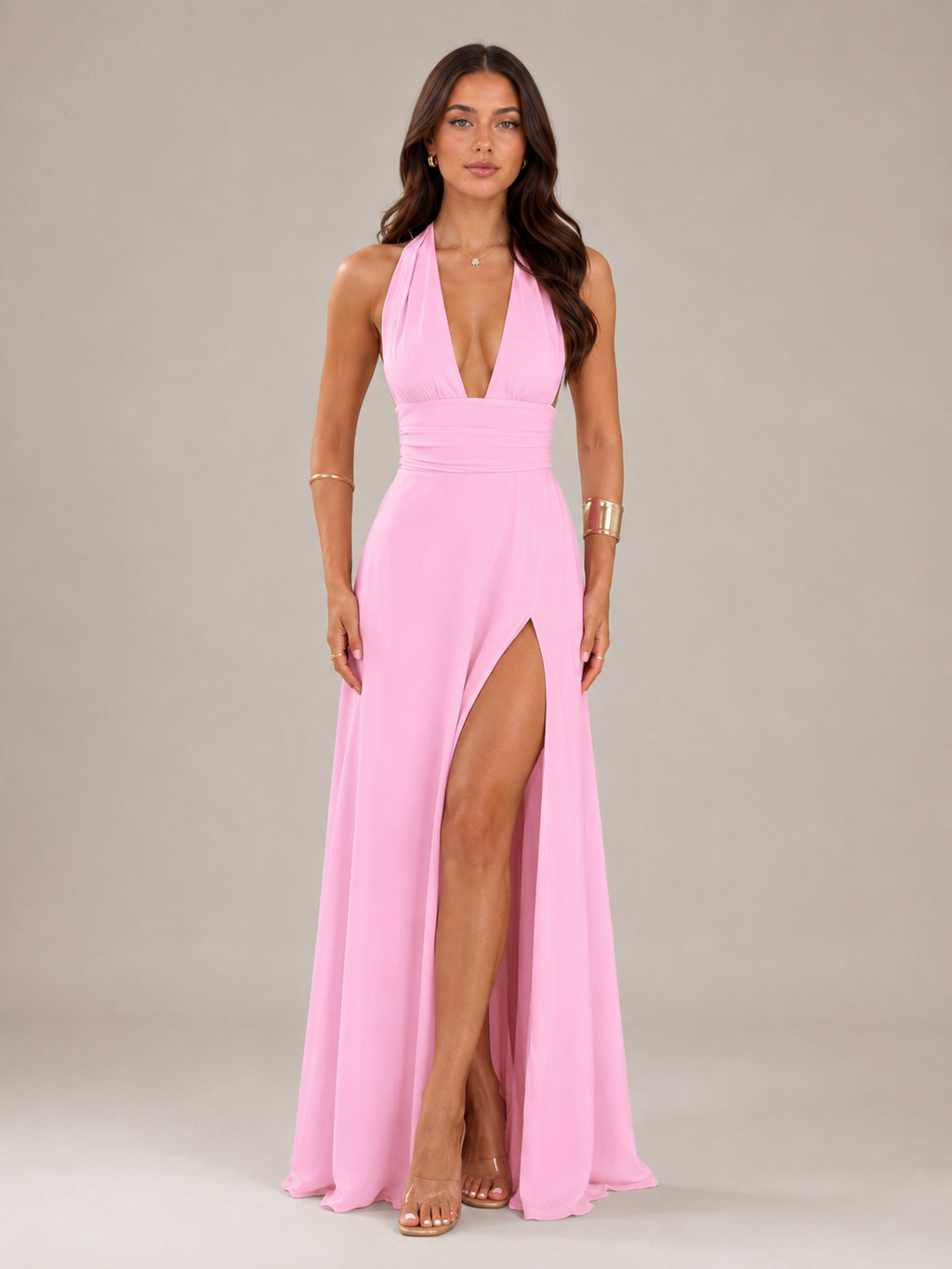 Mathilde - Zachtroze Halter Maxi-jurk Met Diepe V-hals En Hoge Split