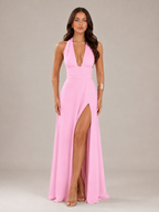 Mathilde - Zachtroze Halter Maxi-jurk Met Diepe V-hals En Hoge Split