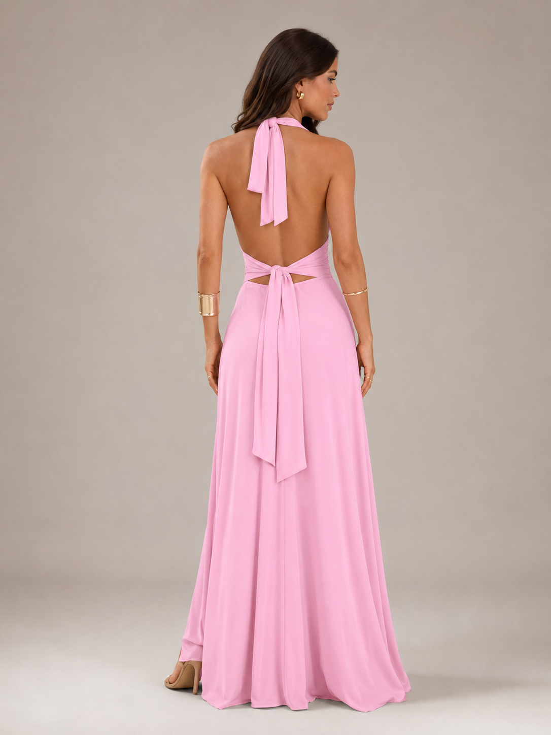 Mathilde - Zachtroze Halter Maxi-jurk Met Diepe V-hals En Hoge Split