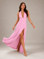 Mathilde - Zachtroze Halter Maxi-jurk Met Diepe V-hals En Hoge Split