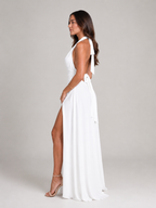Mathilde - Zachtroze Halter Maxi-jurk Met Diepe V-hals En Hoge Split