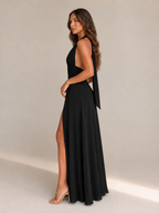 Mathilde - Zachtroze Halter Maxi-jurk Met Diepe V-hals En Hoge Split