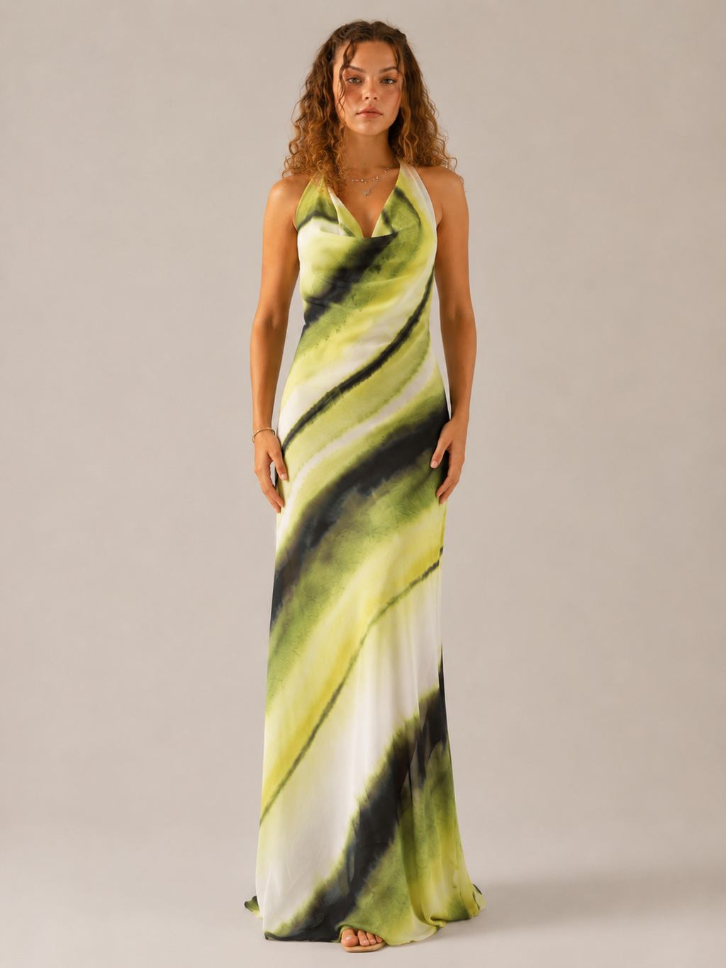 Marina - Halter Maxi-jurk Met Watervalhals En Verstelbare Band