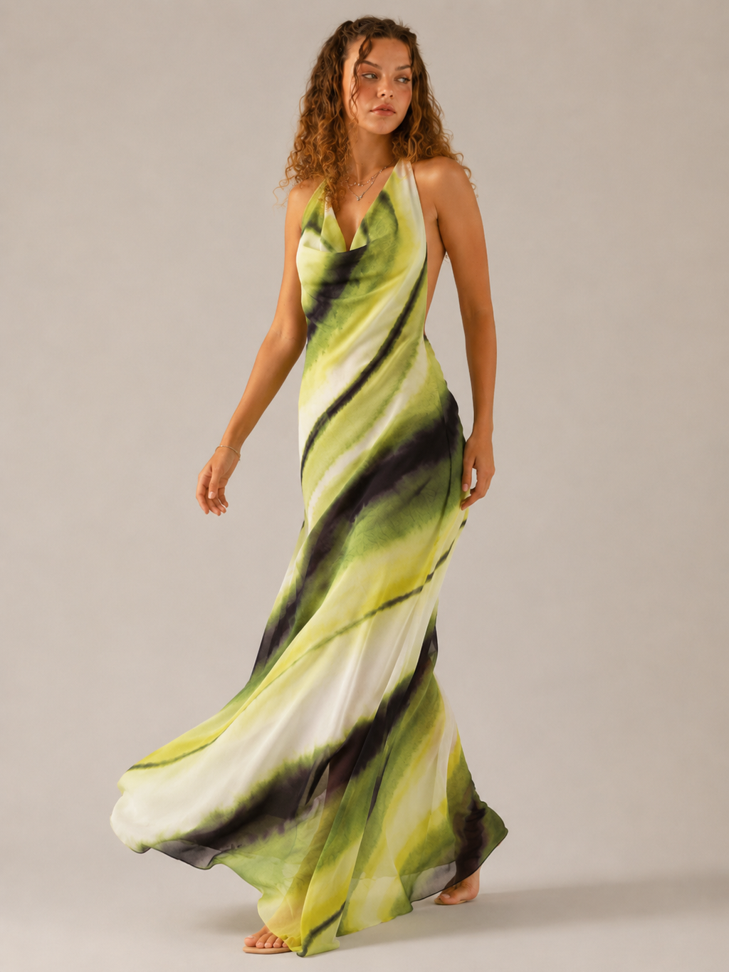 Marina - Halter Maxi-jurk Met Watervalhals En Verstelbare Band