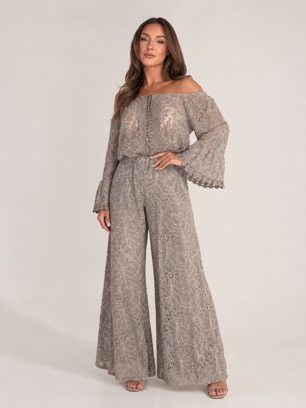 Malou - Off-shoulder Kanten Maxi-jurk Met Bloemenpatroon En Lange Mouwen