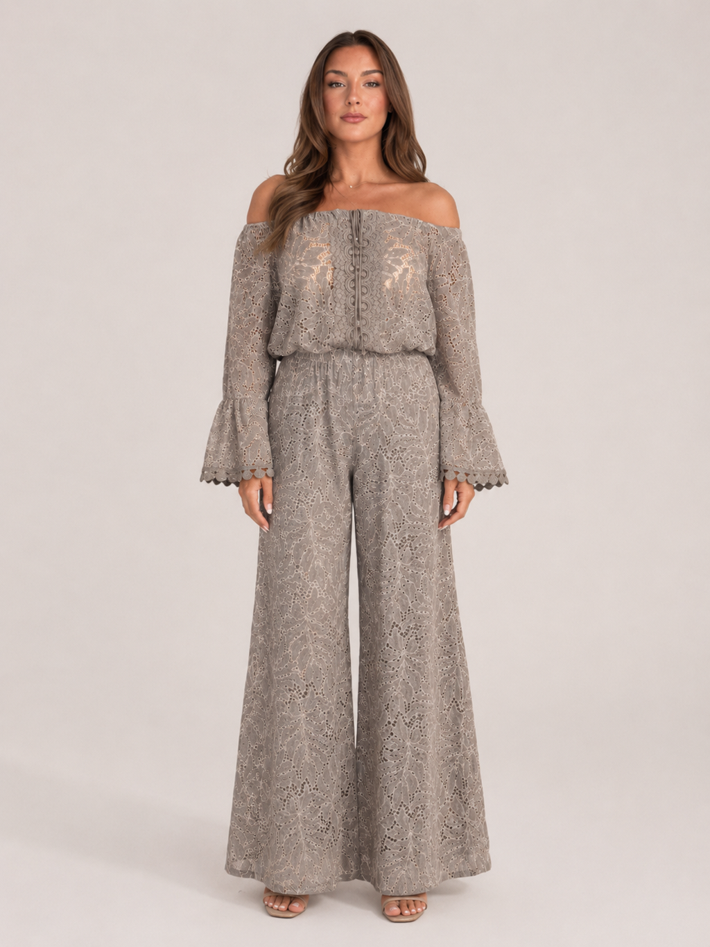 Malou - Off-shoulder Kanten Maxi-jurk Met Bloemenpatroon En Lange Mouwen