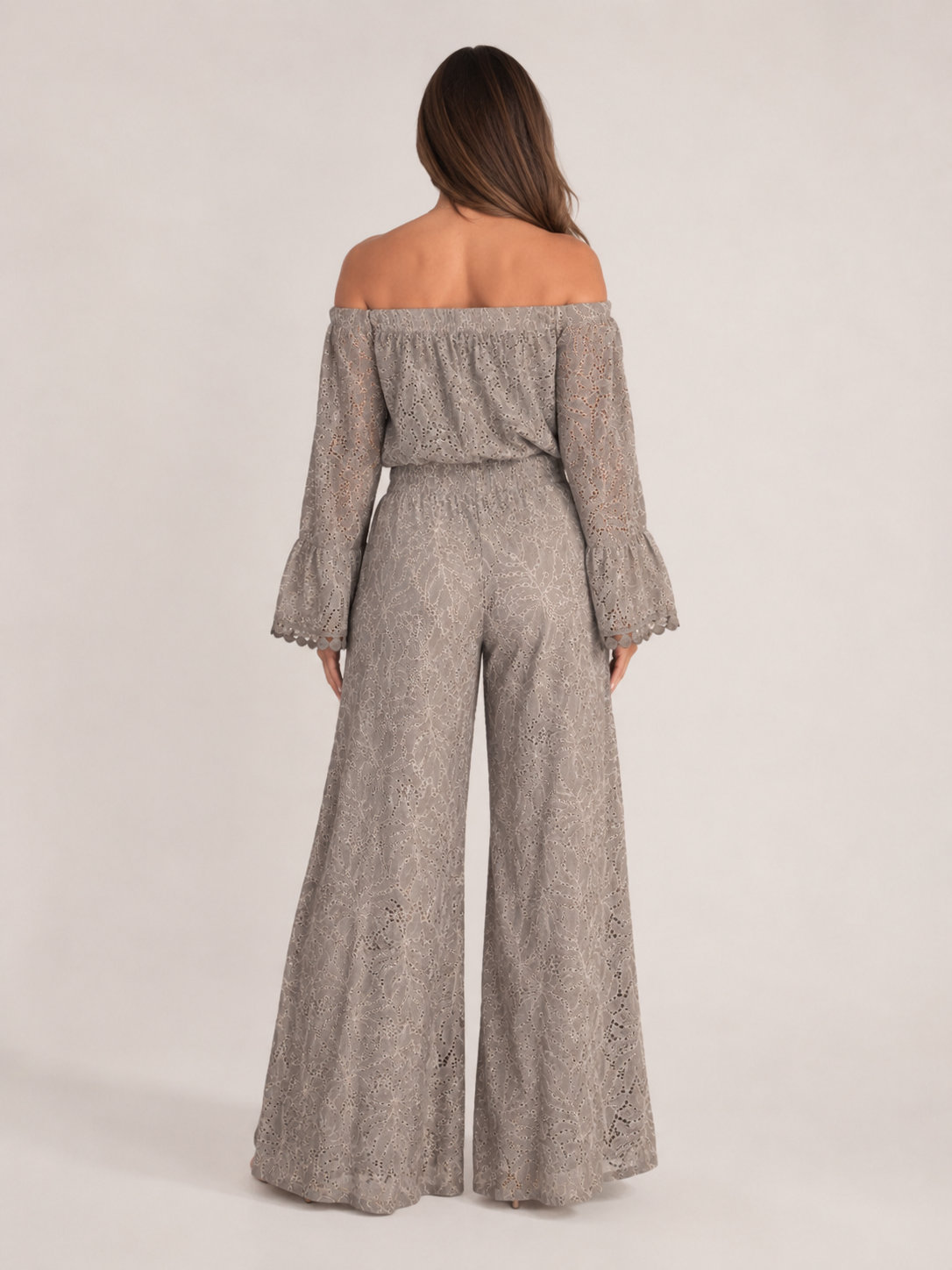 Malou - Off-shoulder Kanten Maxi-jurk Met Bloemenpatroon En Lange Mouwen