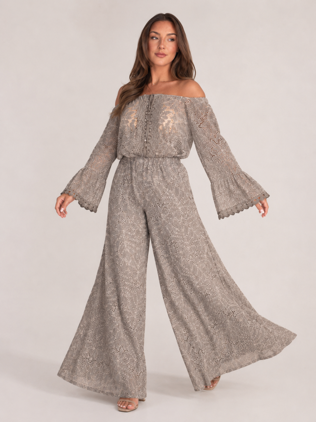 Malou - Off-shoulder Kanten Maxi-jurk Met Bloemenpatroon En Lange Mouwen
