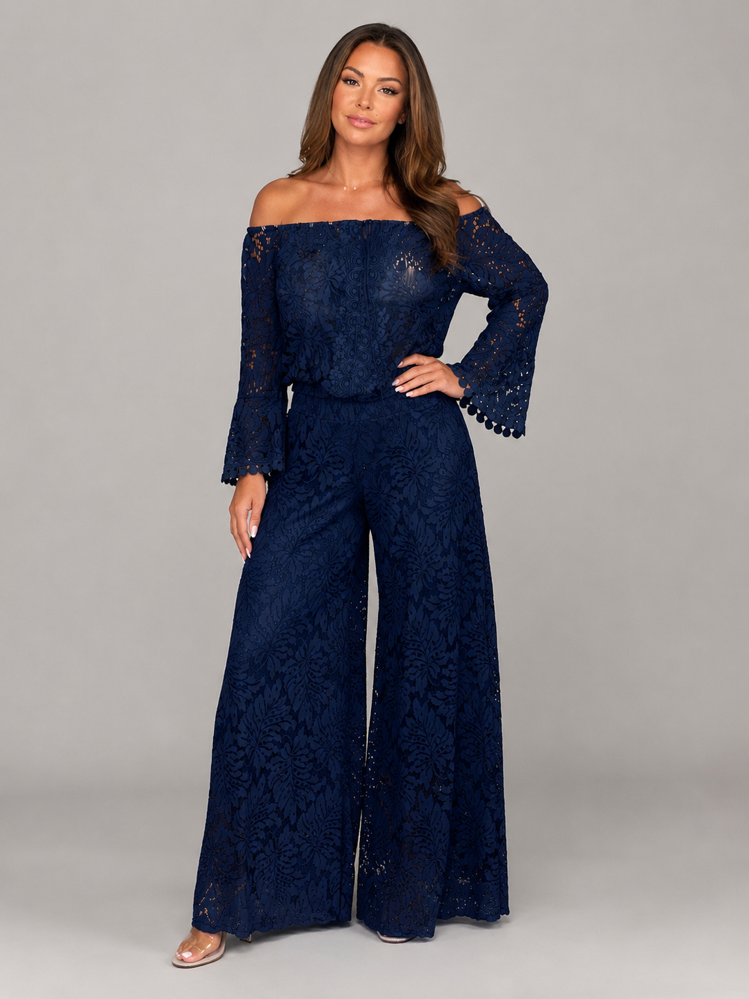 Malou - Off-shoulder Kanten Jumpsuit Met Wijde Pijpen En Lange Mouwen