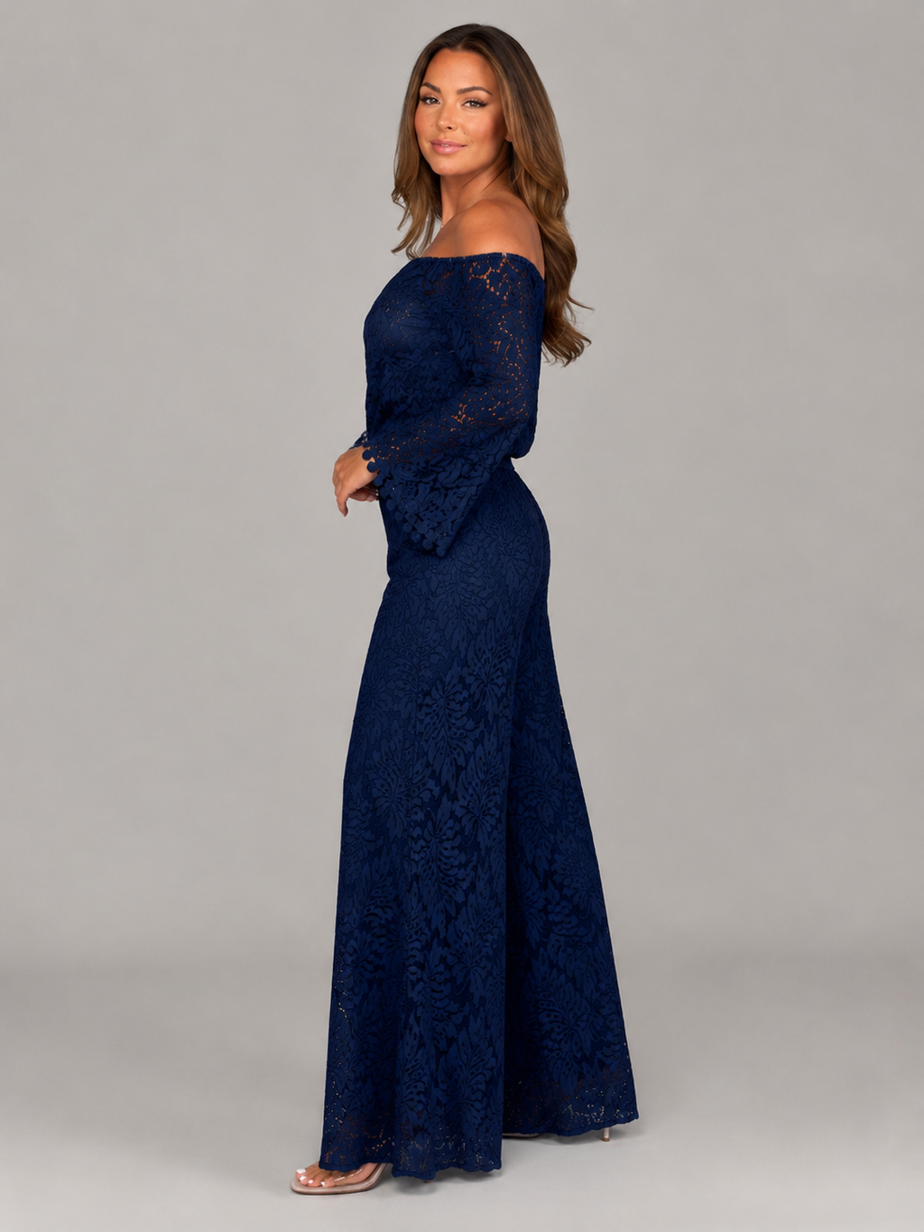 Malou - Off-shoulder Kanten Maxi-jurk Met Bloemenpatroon En Lange Mouwen