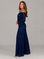 Malou - Off-shoulder Kanten Maxi-jurk Met Bloemenpatroon En Lange Mouwen