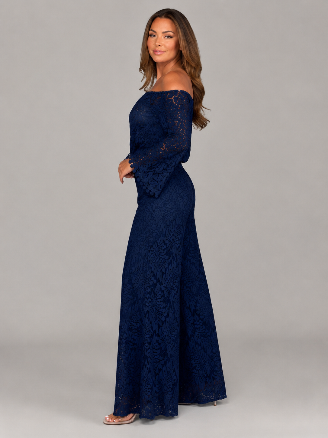 Malou - Off-shoulder Kanten Maxi-jurk Met Bloemenpatroon En Lange Mouwen