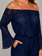 Malou - Off-shoulder Kanten Maxi-jurk Met Bloemenpatroon En Lange Mouwen