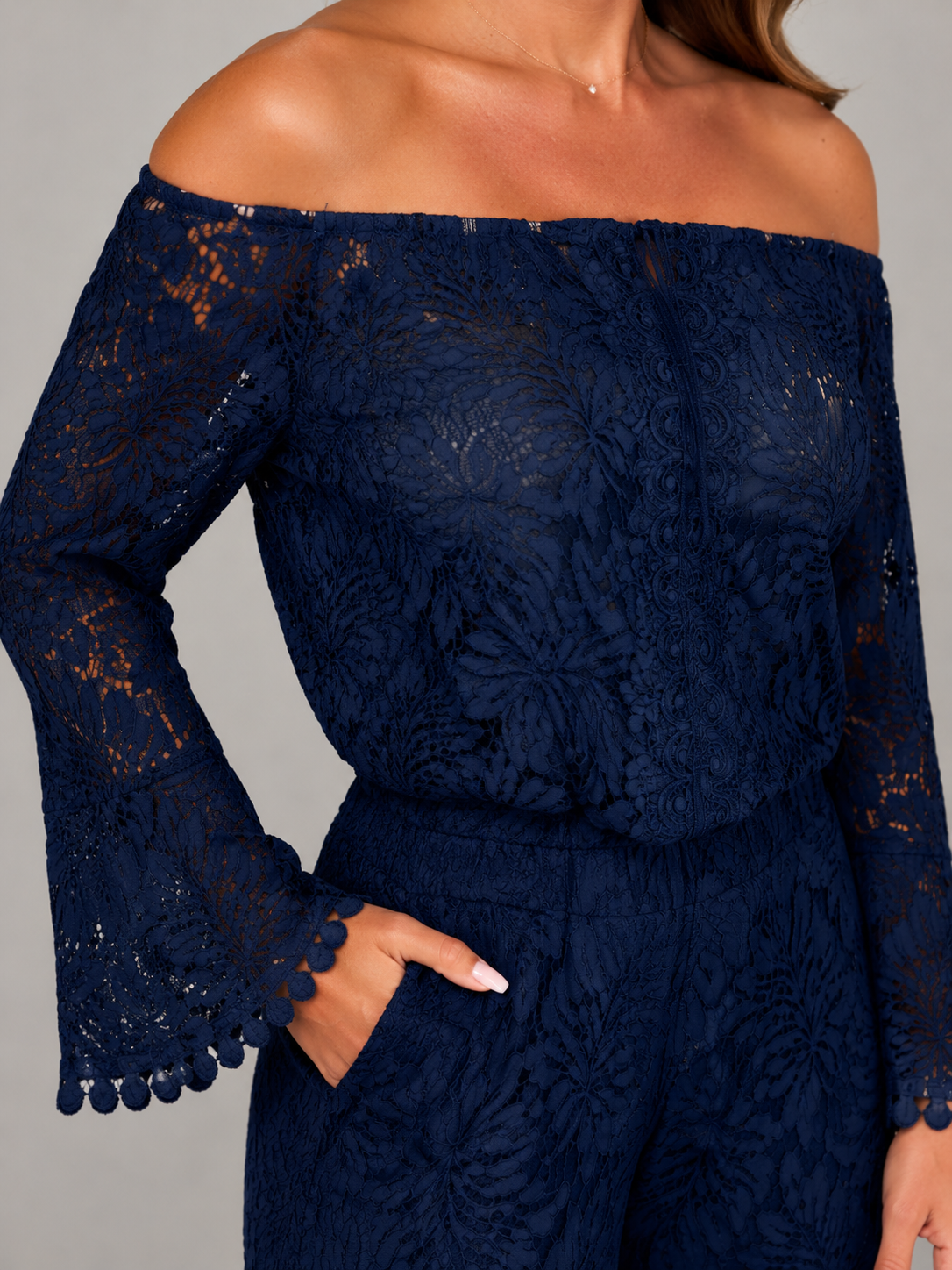 Malou - Off-shoulder Kanten Maxi-jurk Met Bloemenpatroon En Lange Mouwen