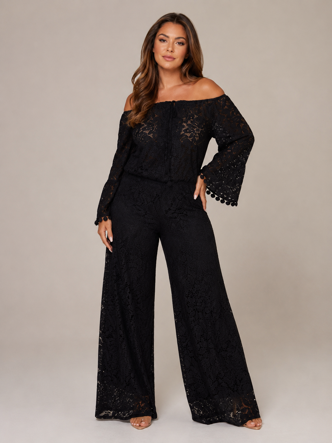 Malou - Off-shoulder Kanten Jumpsuit Met Wijde Pijpen En Lange Mouwen