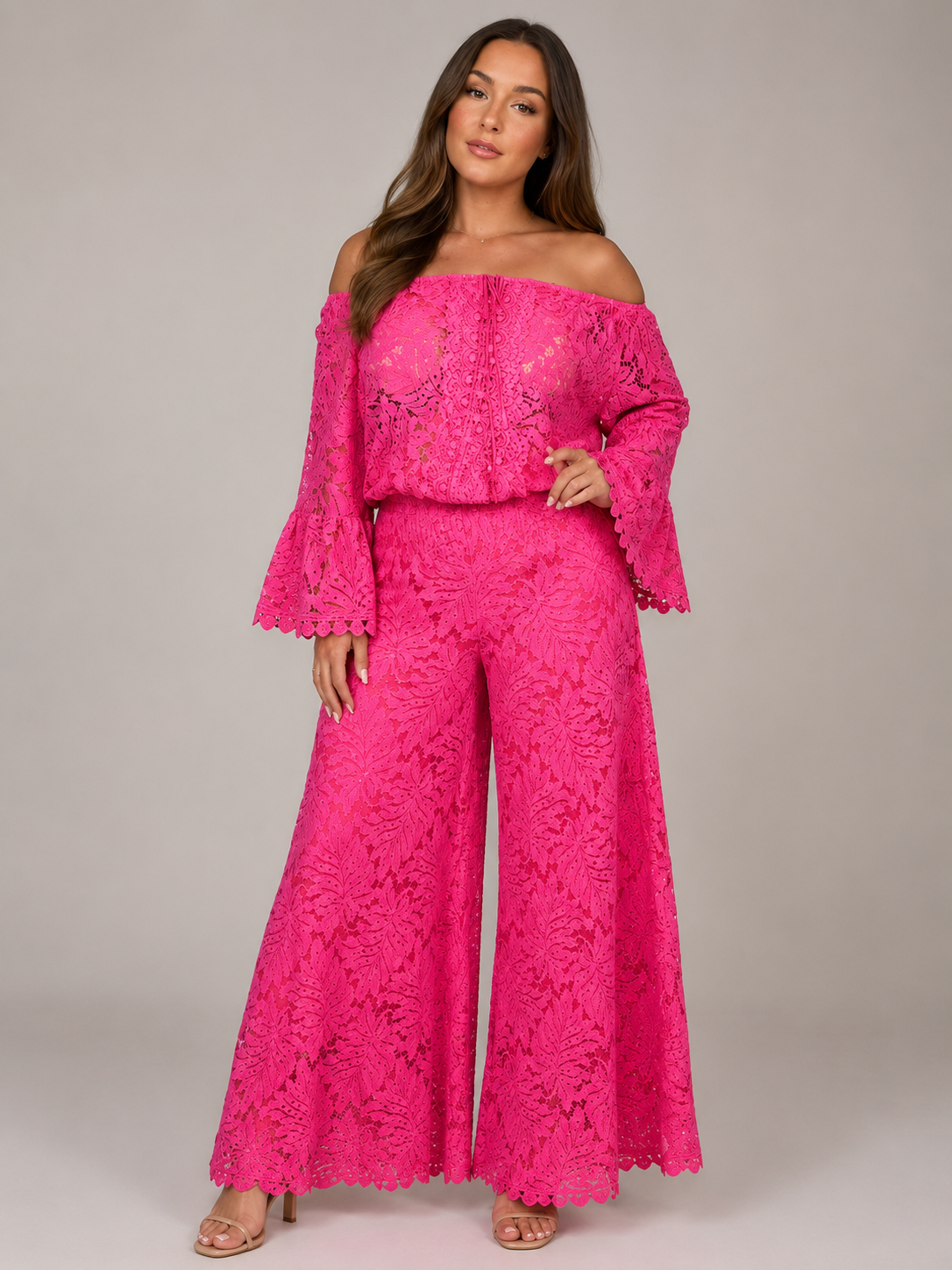 Malou - Off-shoulder Kanten Jumpsuit Met Wijde Pijpen En Lange Mouwen