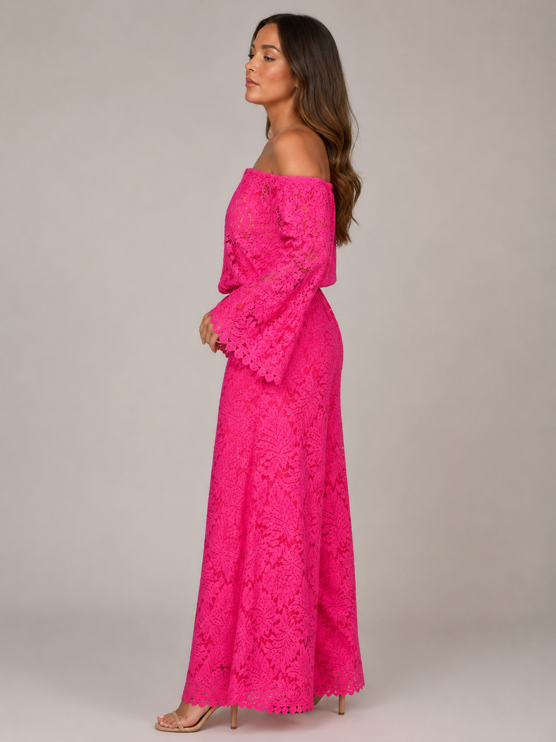 Malou - Off-shoulder Kanten Maxi-jurk Met Bloemenpatroon En Lange Mouwen