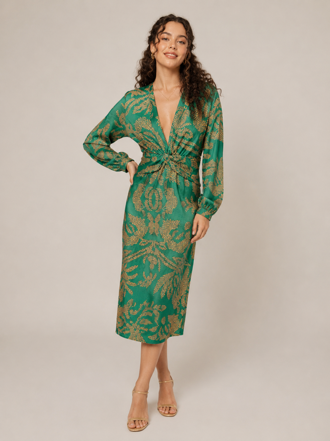 Milena - Donkerblauwe Midi-jurk Met Bloemenprint En Knoopdetail