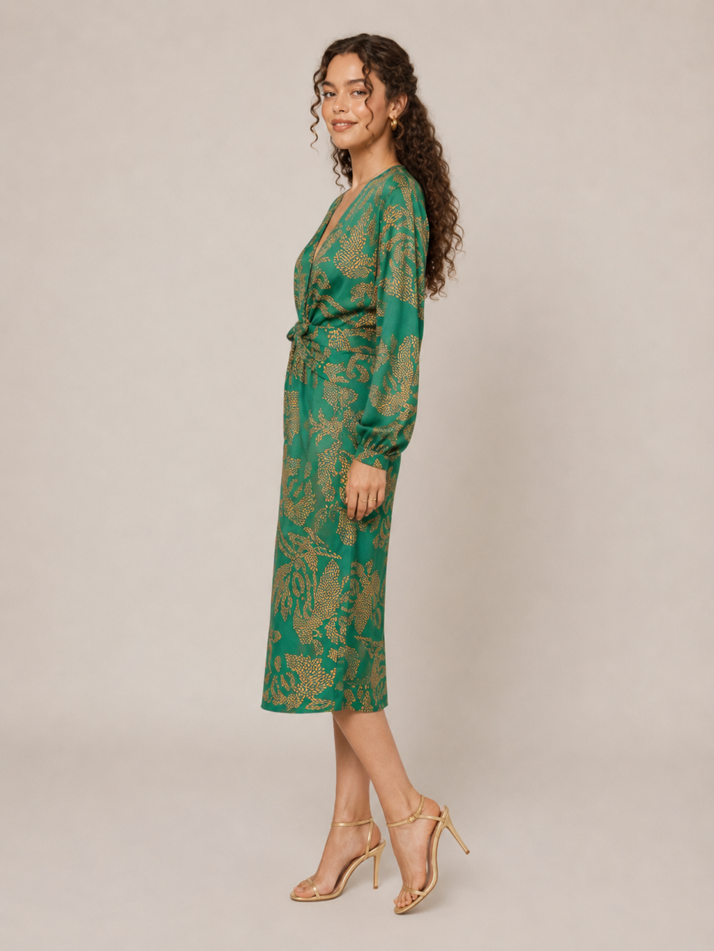 Milena - Donkerblauwe Midi-jurk Met Bloemenprint En Knoopdetail