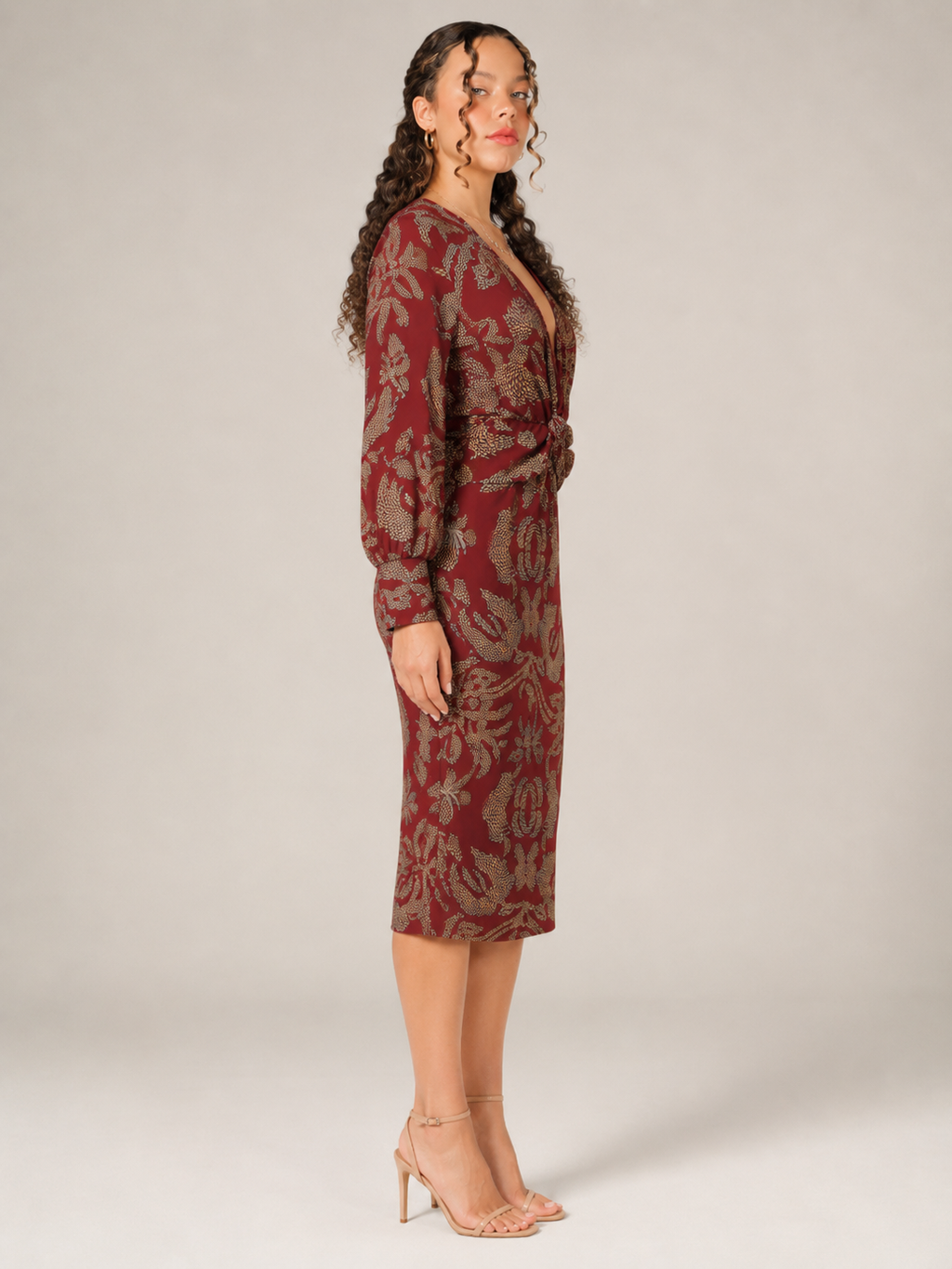 Milena - Donkerblauwe Midi-jurk Met Bloemenprint En Knoopdetail