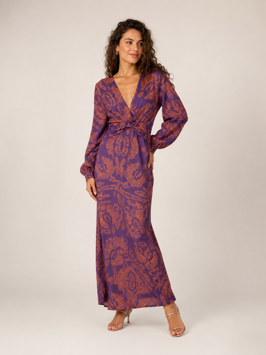 Milena - Donkerblauwe Midi-jurk Met Bloemenprint En Knoopdetail