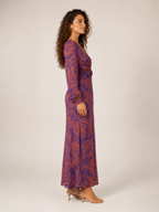 Milena - Donkerblauwe Midi-jurk Met Bloemenprint En Knoopdetail