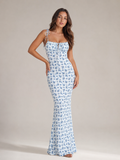 Mira - Blauwe Maxi-jurk Met Bloemenprint En Strikdetails