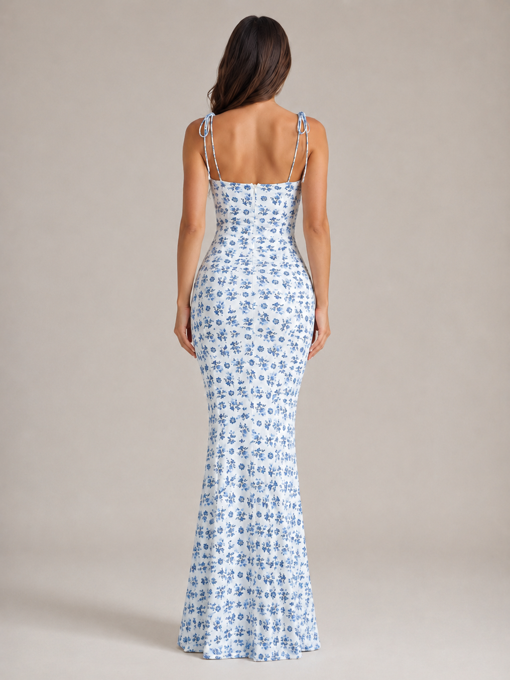 Mira - Blauwe Maxi-jurk Met Bloemenprint En Strikdetails