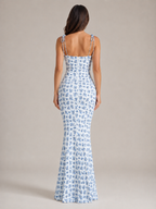 Mira - Blauwe Maxi-jurk Met Bloemenprint En Strikdetails