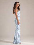Mira - Blauwe Maxi-jurk Met Bloemenprint En Strikdetails