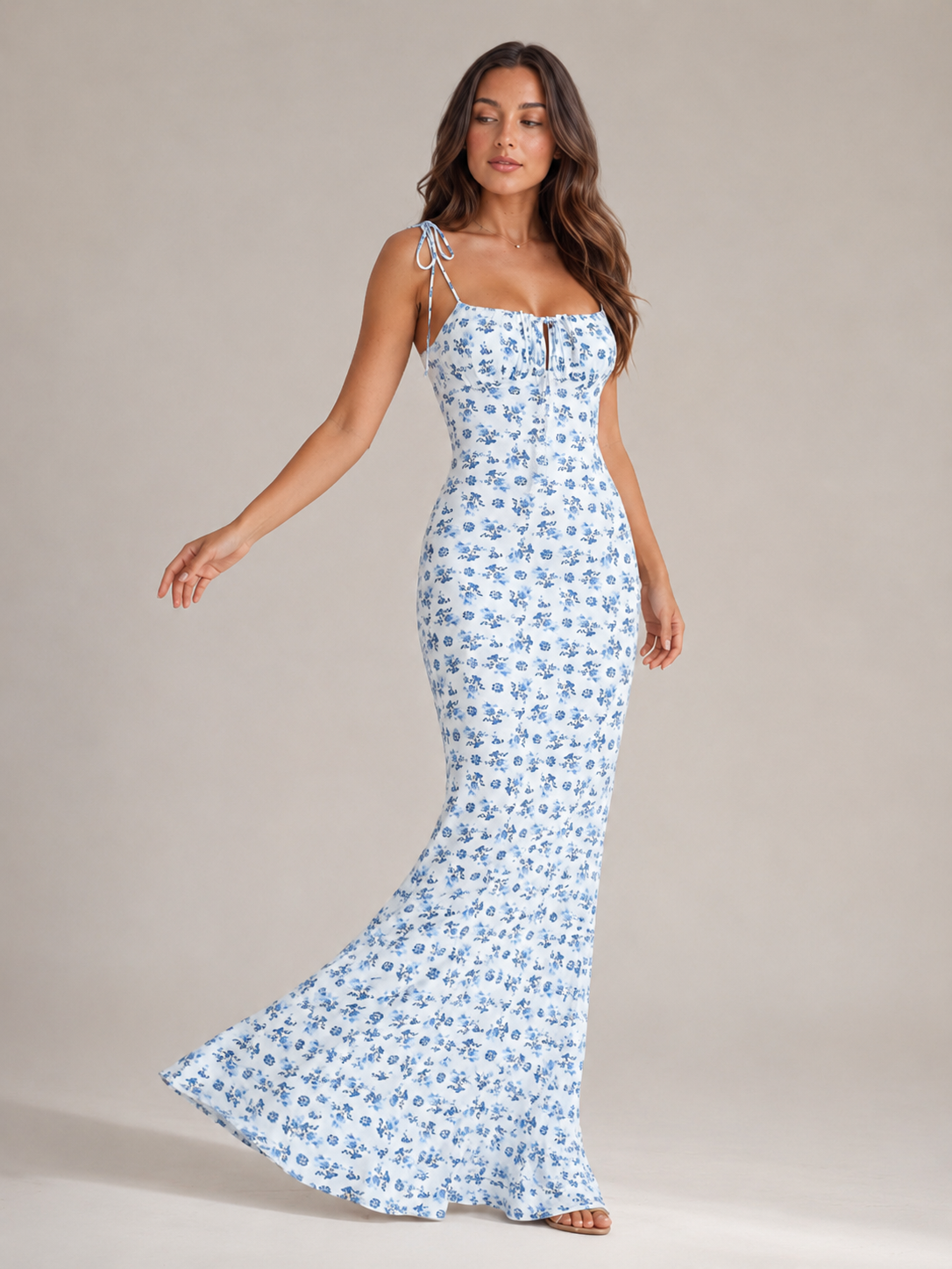 Mira - Blauwe Maxi-jurk Met Bloemenprint En Strikdetails
