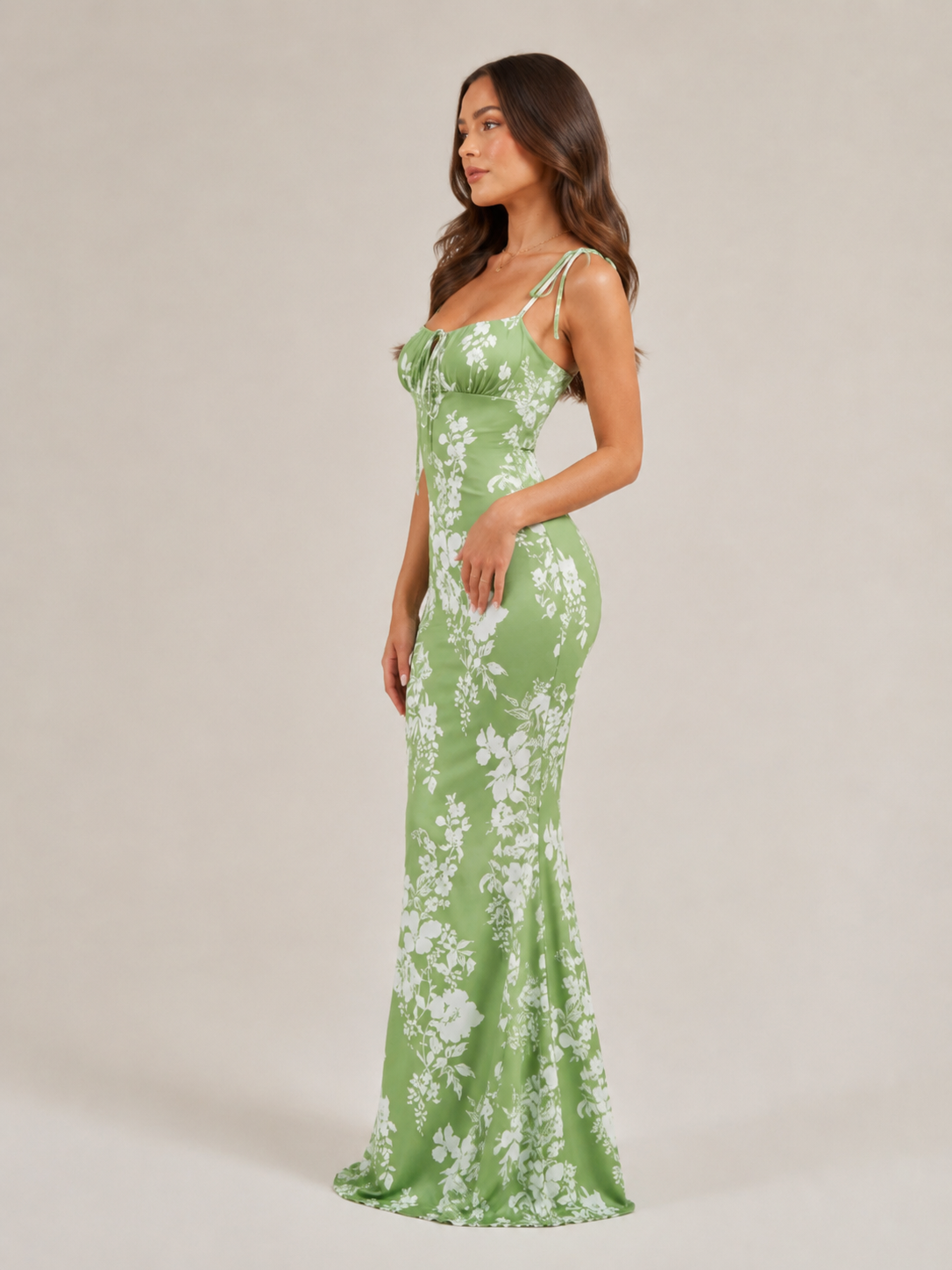 Mira - Blauwe Maxi-jurk Met Bloemenprint En Strikdetails