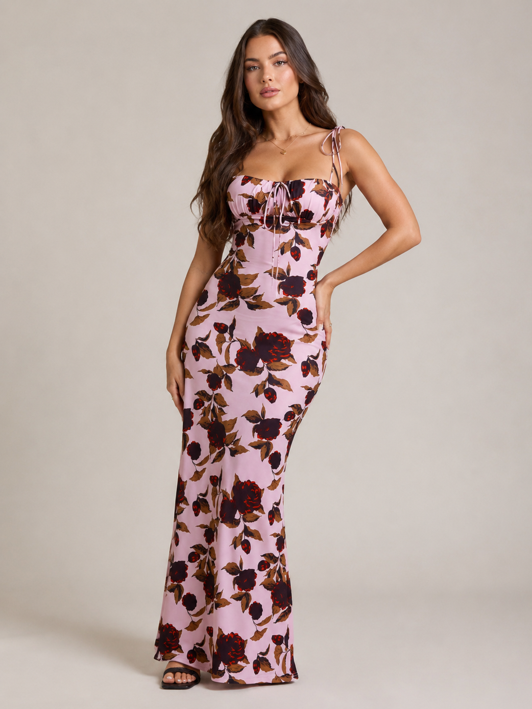 Mira - Blauwe Maxi-jurk met Bloemenprint en Strikdetails