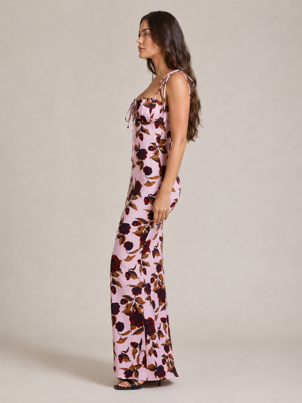 Mira - Blauwe Maxi-jurk Met Bloemenprint En Strikdetails