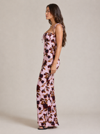 Mira - Blauwe Maxi-jurk Met Bloemenprint En Strikdetails
