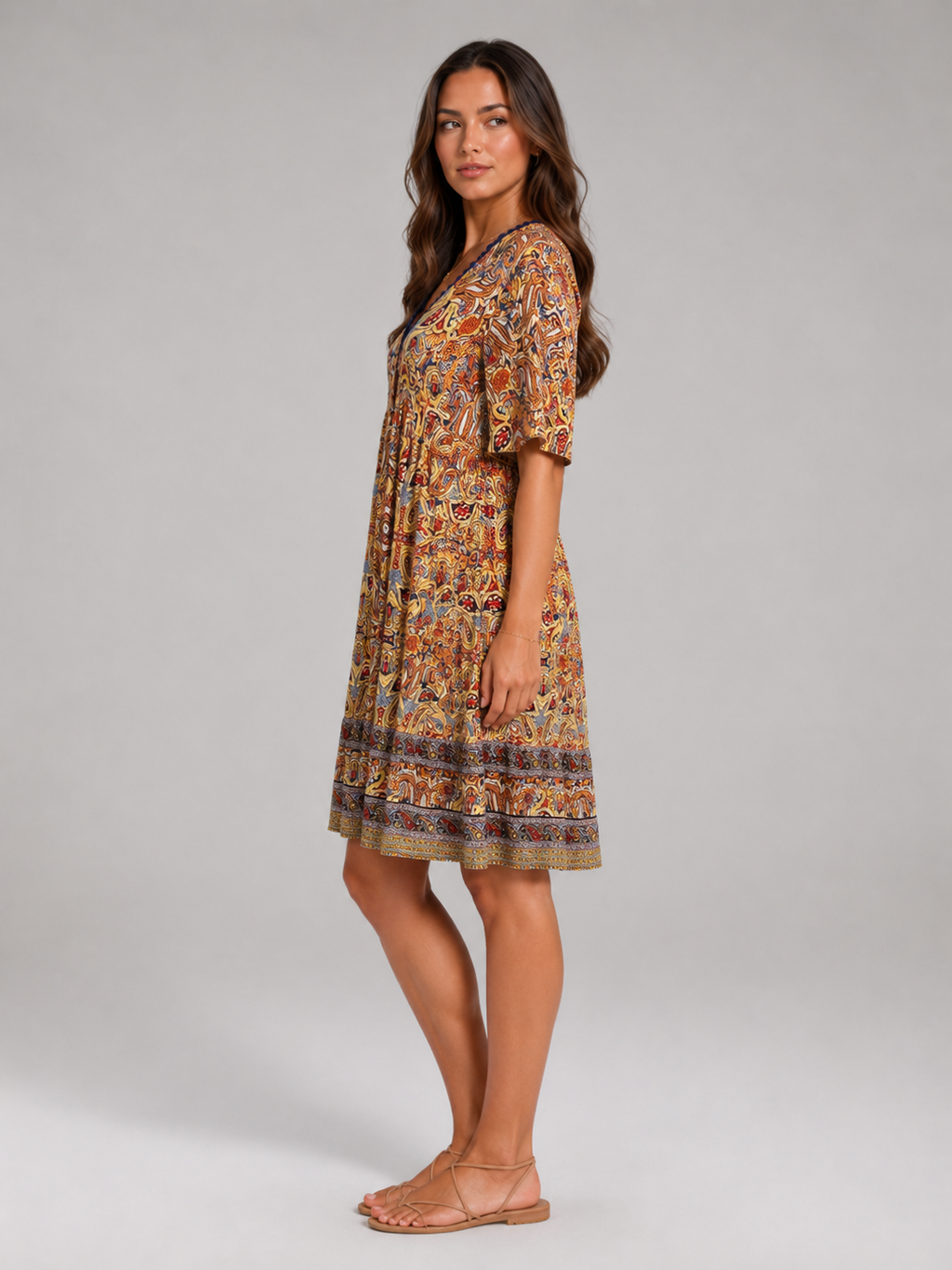 Mette - Boho Mini-jurk Met V-hals En All-over Print