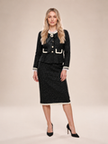 Odile - zwart getailleerd dames tweed pak met rok en pareldetails