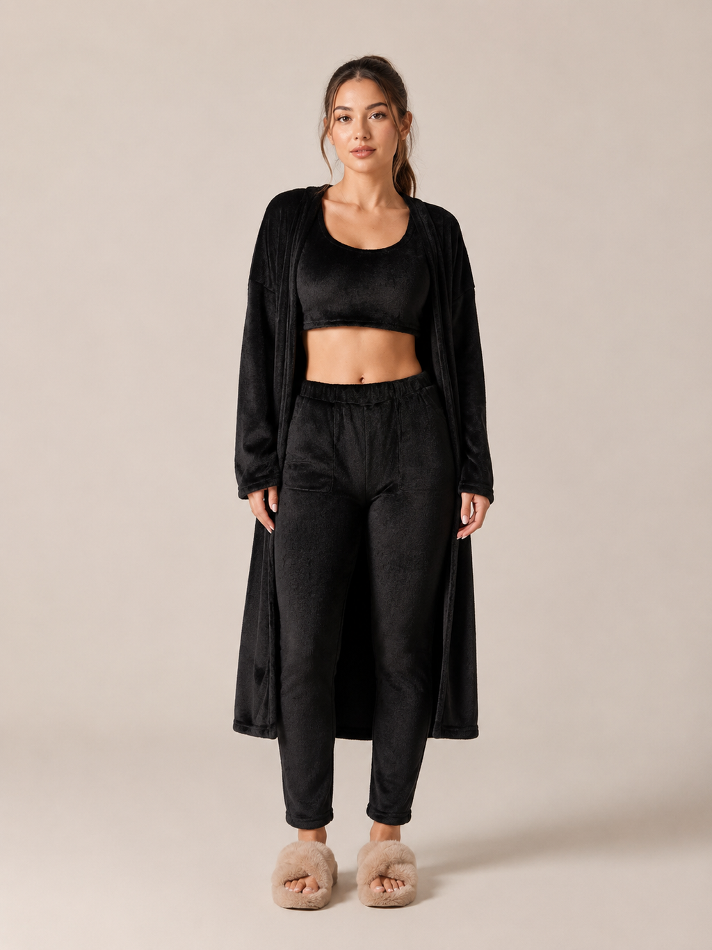 Quenna - Driedelige Dames Loungewear Set Met Crop Top En Lang Vest