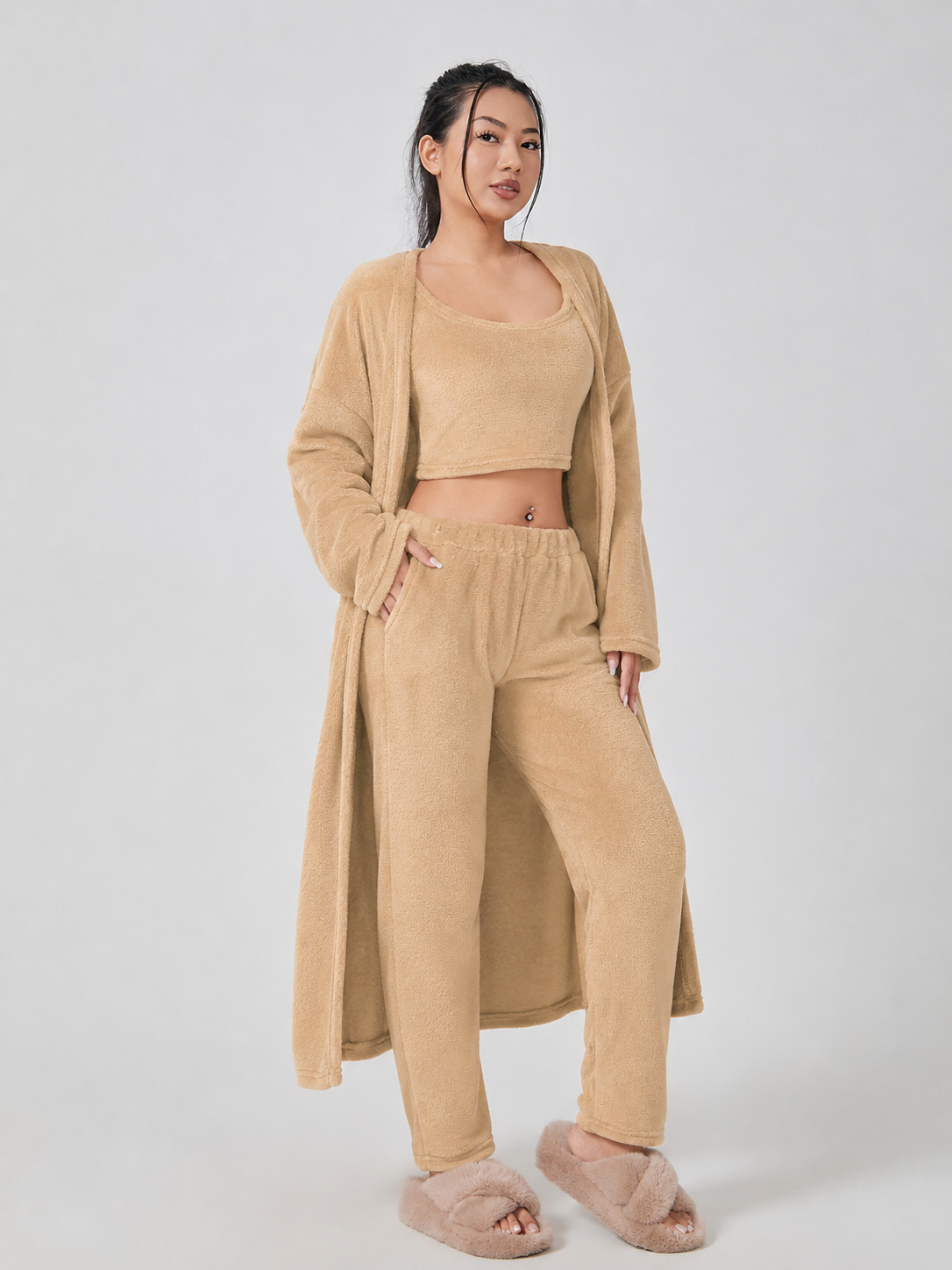 Quenna - Driedelige Dames Loungewear Set Met Crop Top En Lang Vest