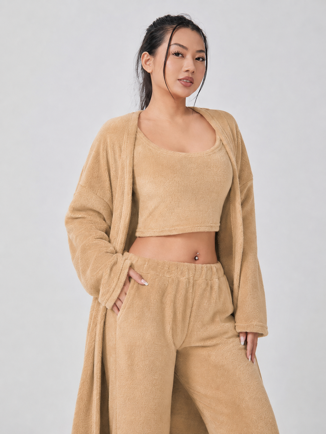 Quenna - Driedelige Dames Loungewear Set Met Crop Top En Lang Vest